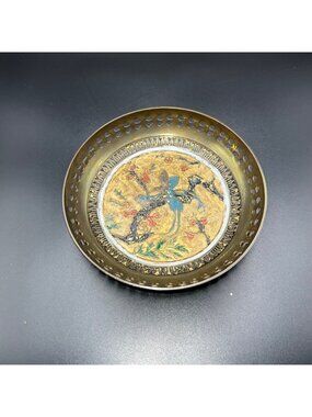 Vintage Brass Dish Enamel Bird Floral Design Handcrafted UV Glow Made In India